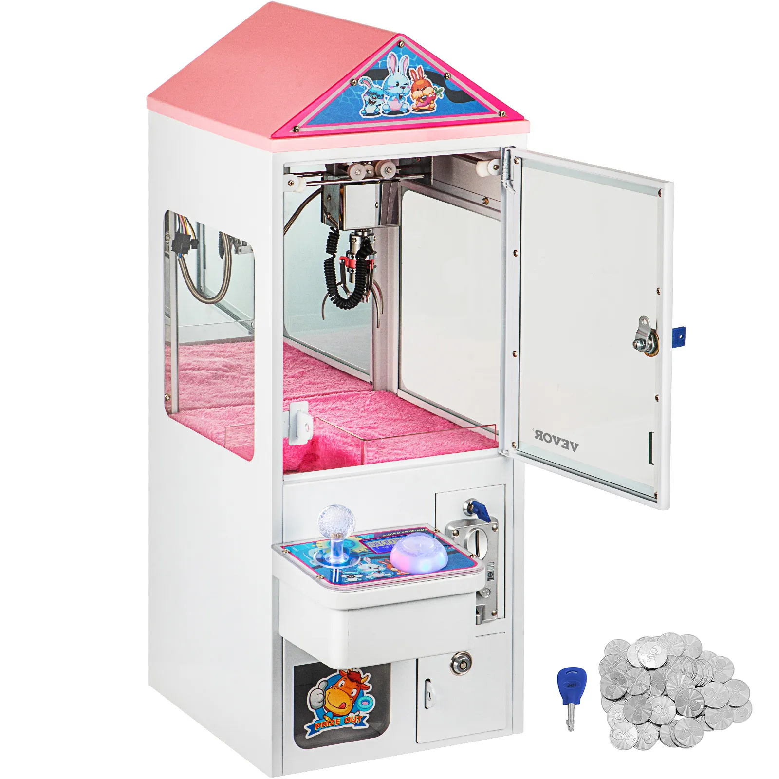 VEVOR claw crane machine with pink interior, joystick controls, and included tokens and key.