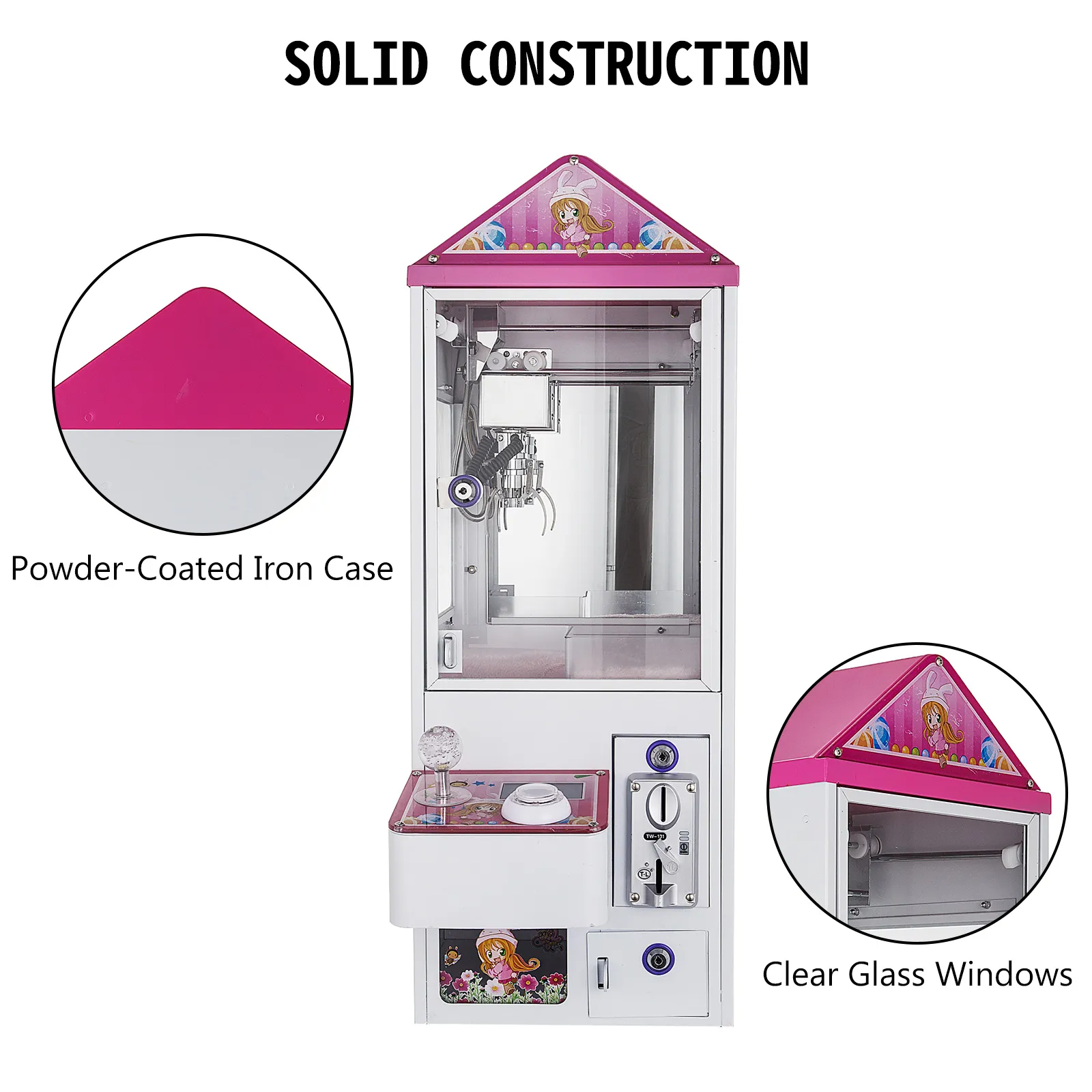 VEVOR claw crane machine with powder-coated iron case and clear glass windows.