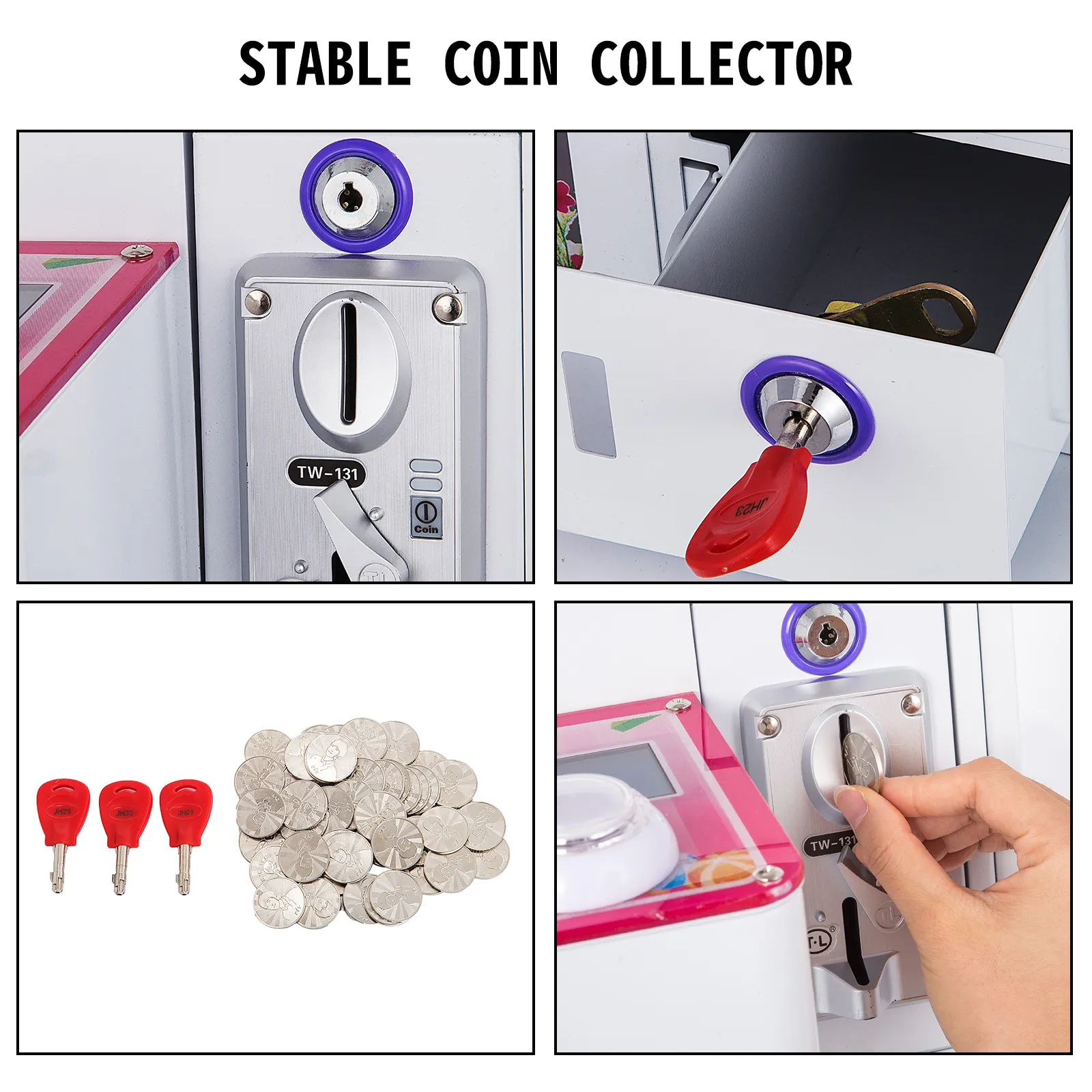 VEVOR claw crane machine coin slot, key lock, coin pile, and hand inserting coin.