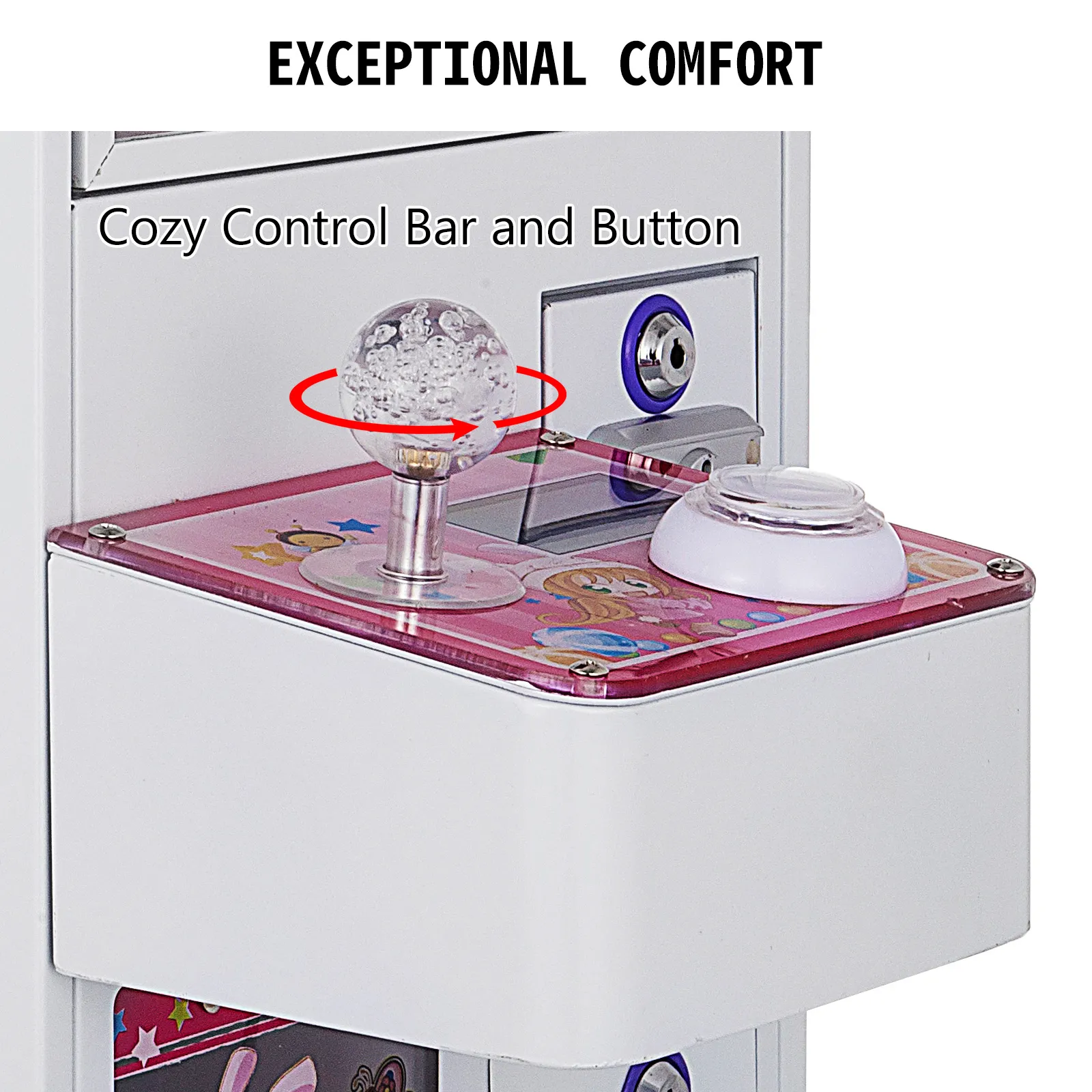 control panel of VEVOR claw crane machine with joystick and button on a pink base.