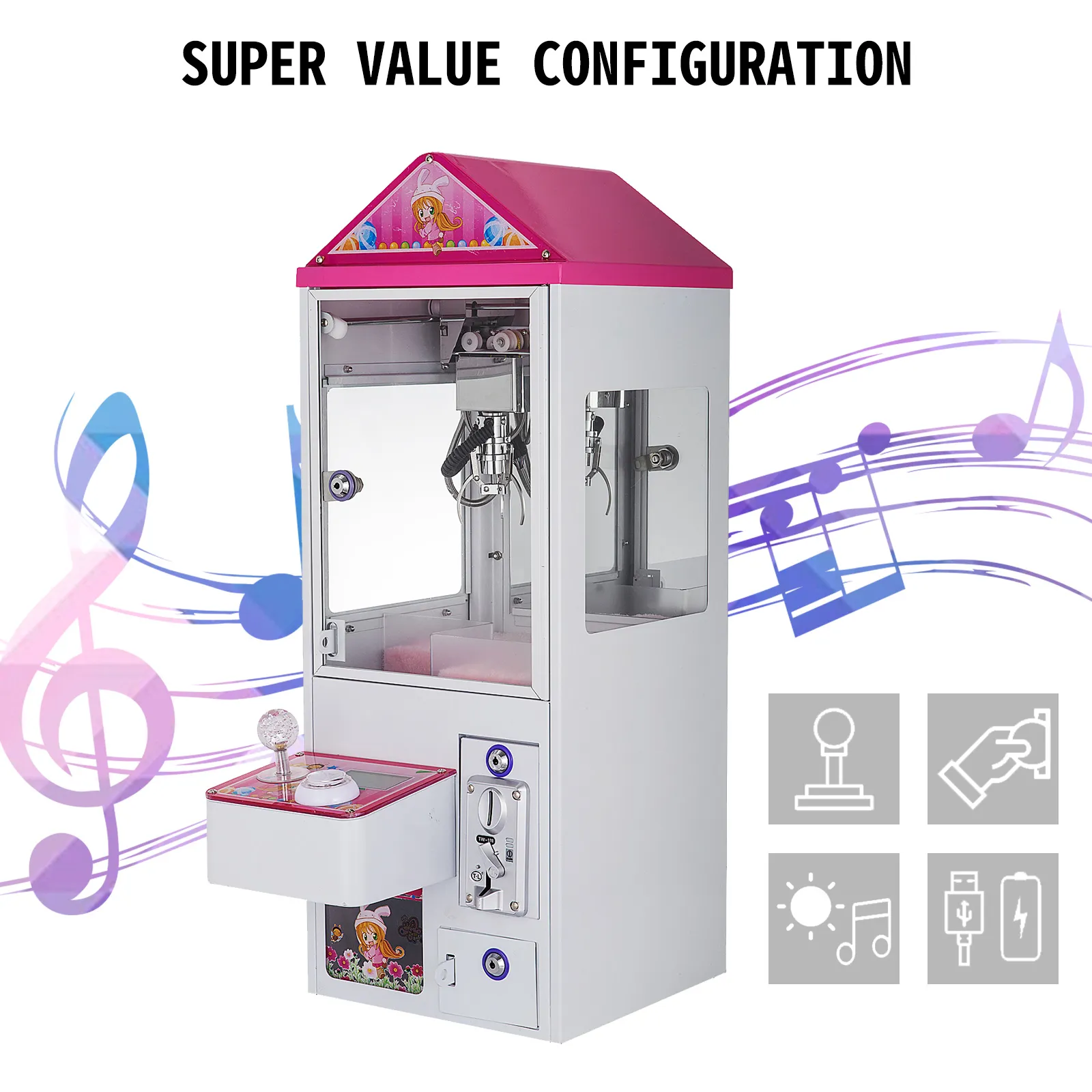 VEVOR claw crane machine with pink top, control panel, and musical notes background.