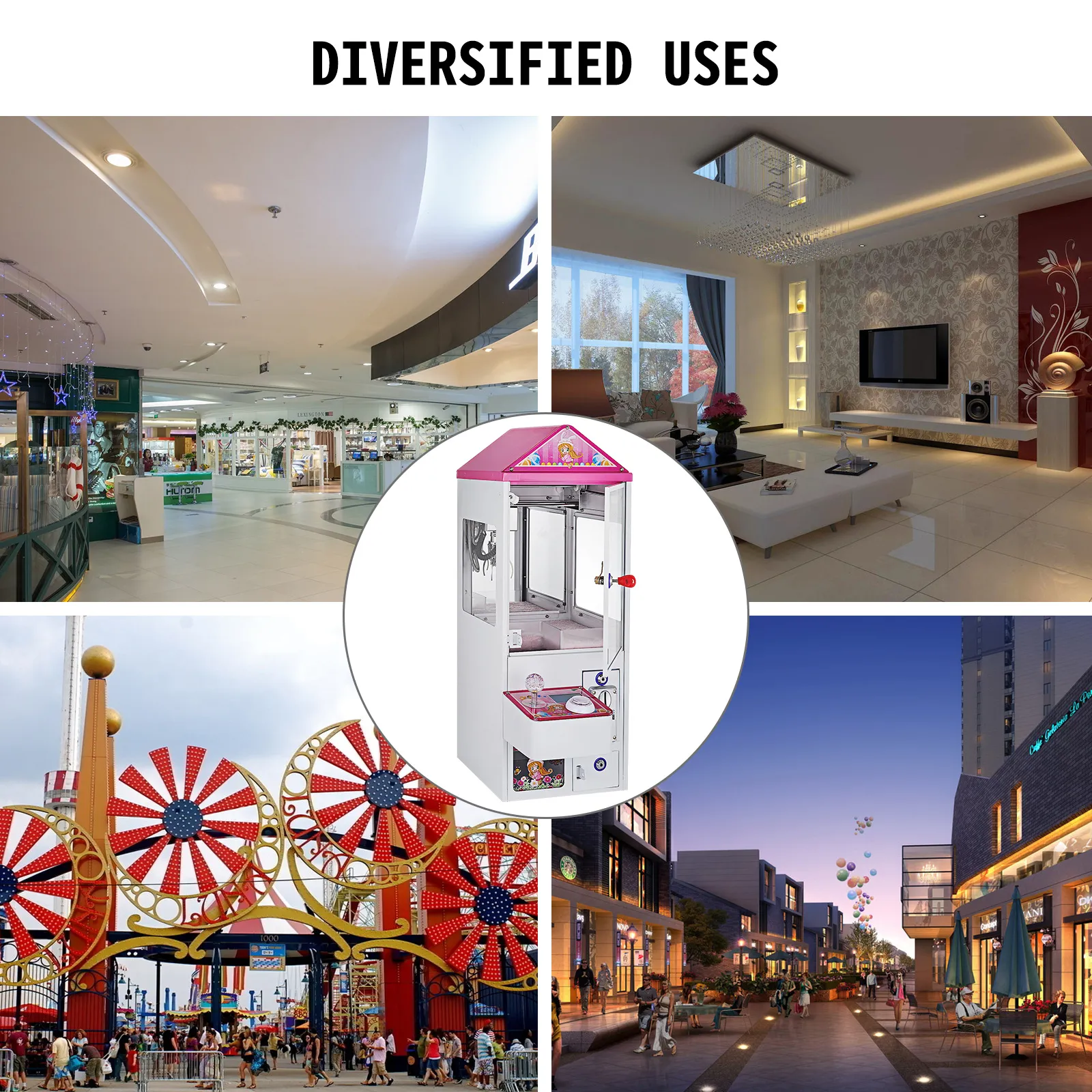 VEVOR claw crane machine in various settings: mall, living room, amusement park, street.