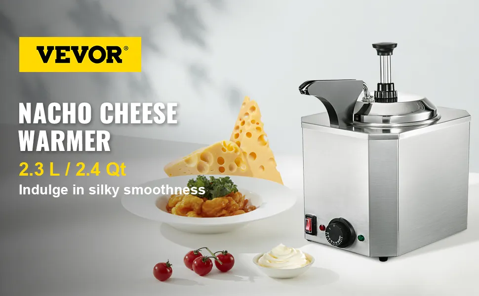 Dispensador de queso VEVOR con un bol de nachos, cuña de queso y tomates cherry.