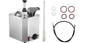 Dispensador de queso VEVOR con accesorios que incluyen cepillo, anillos y tubo de limpieza.