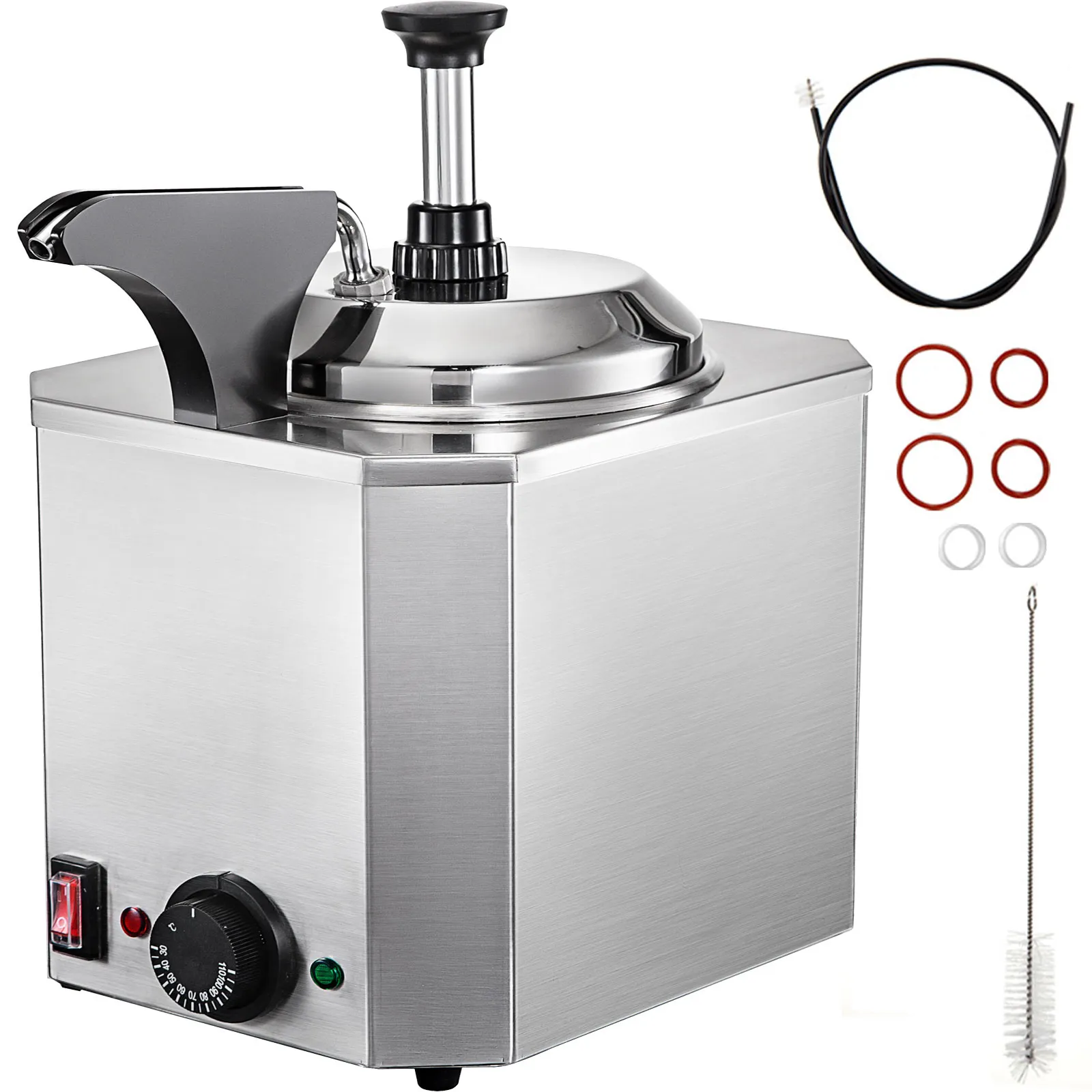 Dispensador de queso VEVOR de acero inoxidable con accesorios que incluyen juntas y cepillo.