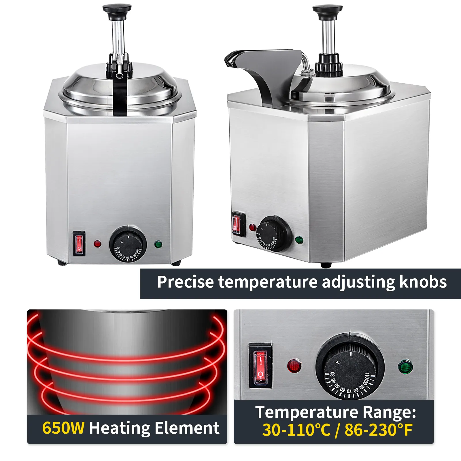 Dispensador de queso VEVOR con elemento calefactor de 650w y control preciso de temperatura.