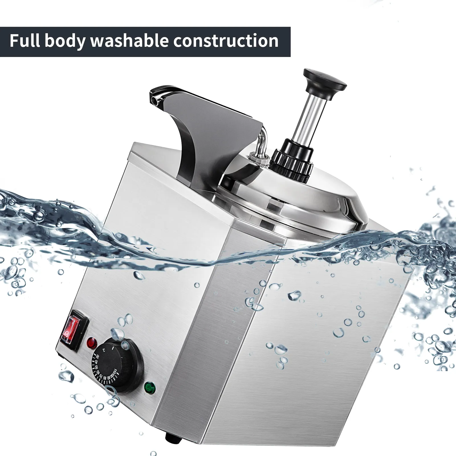 Dispensador de queso VEVOR con construcción totalmente lavable y control de temperatura.