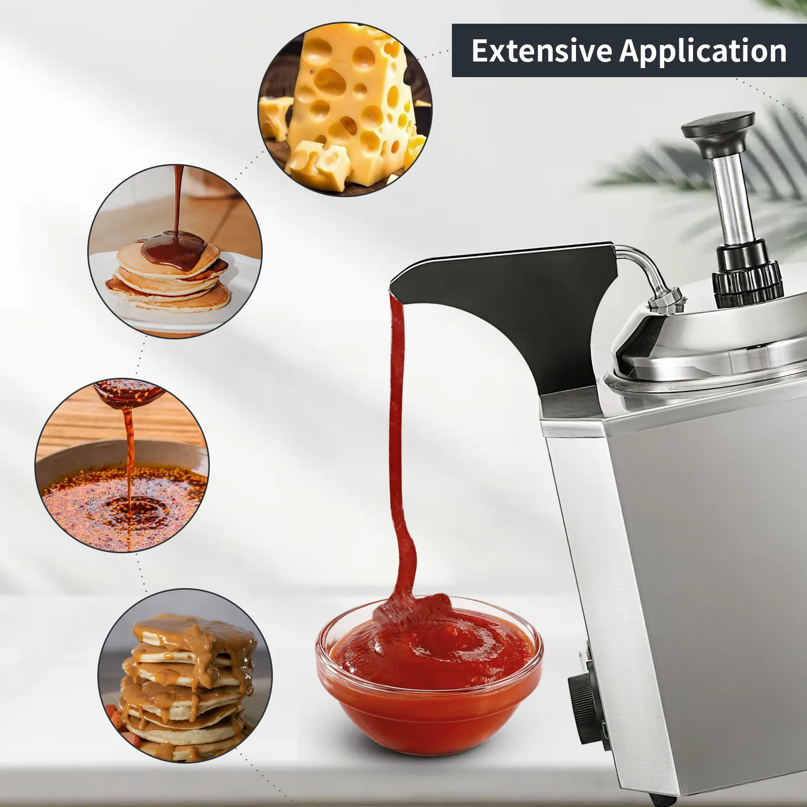Dispensador de queso VEVOR para verter salsa, con aplicaciones para panqueques, queso y almíbar.