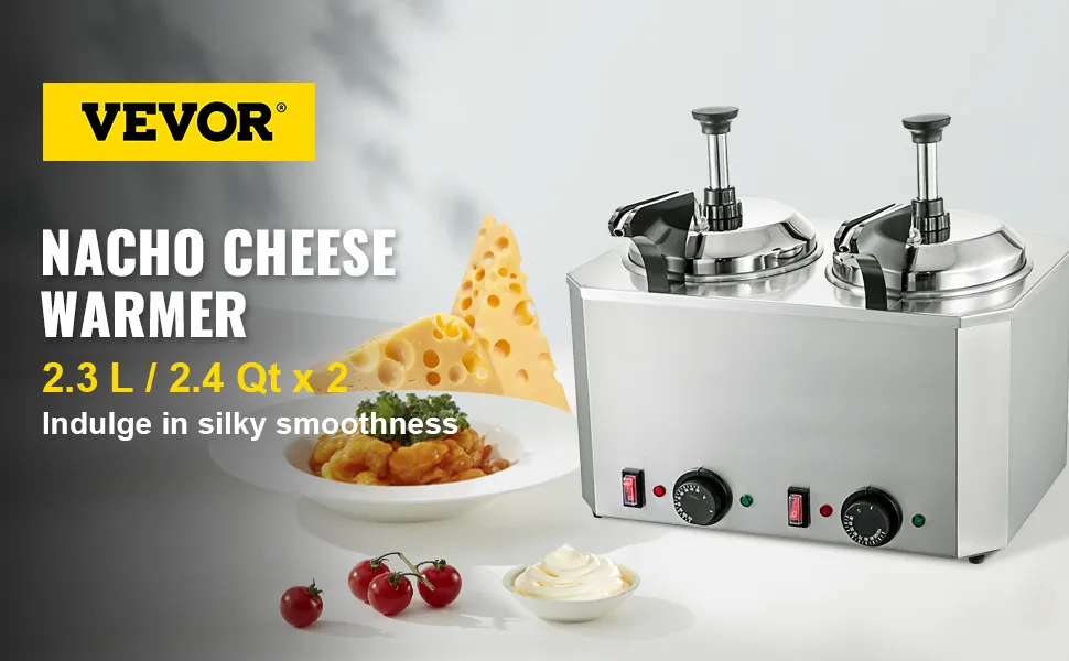 Calentador de queso VEVOR con bombas dobles, rebanada de queso, nachos, tomates y crema agria.