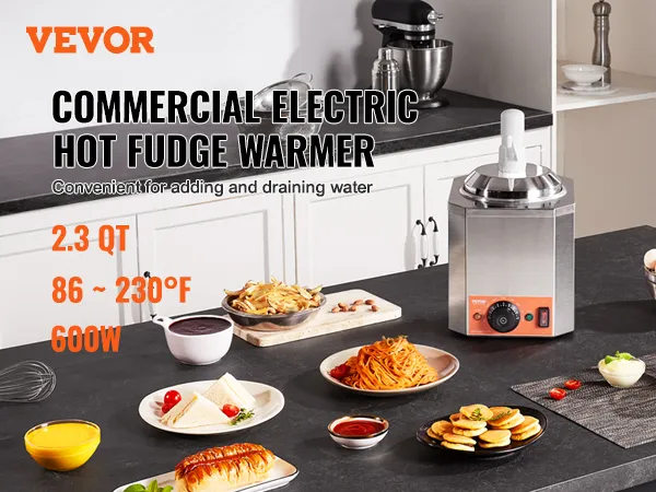 Dispensador de queso eléctrico VEVOR sobre encimera con múltiples platos de comida. 2,3 qt, 86-230 °f, 600w.