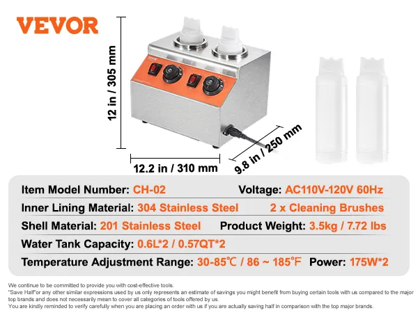 VEVOR electric bottle warmer with dual slots, stainless steel build, dimensions, and key specifications shown.