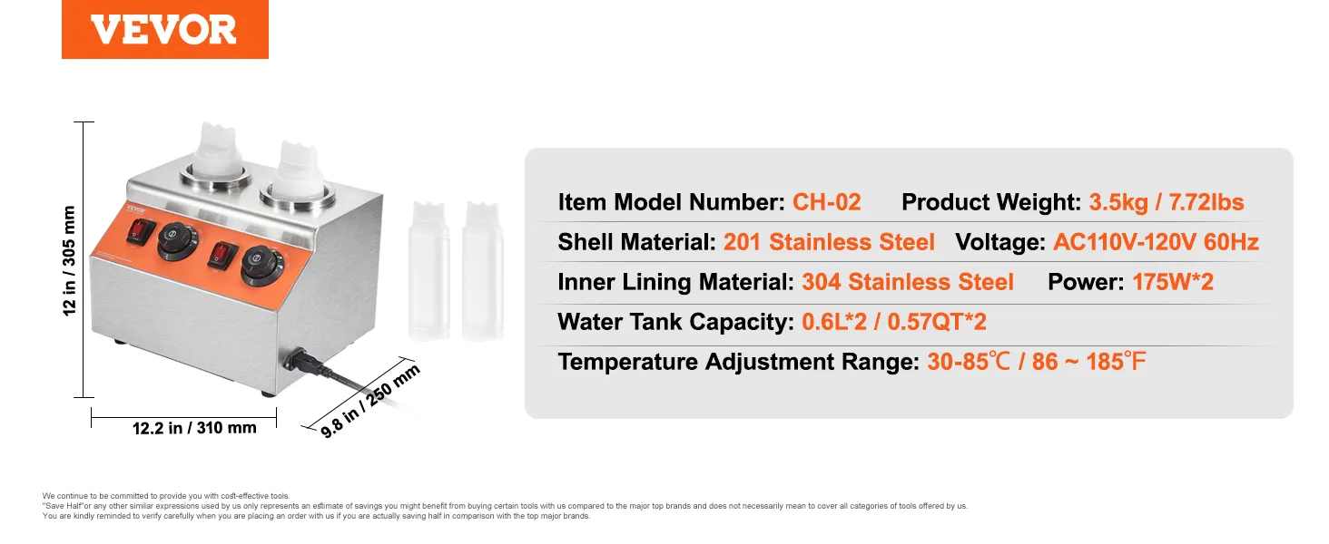 VEVOR electric bottle warmer with dual slots, stainless steel build, dimensions, and key specifications shown.
