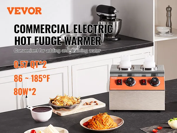 VEVOR electric bottle warmer on kitchen counter with various food dishes and appliance specs.