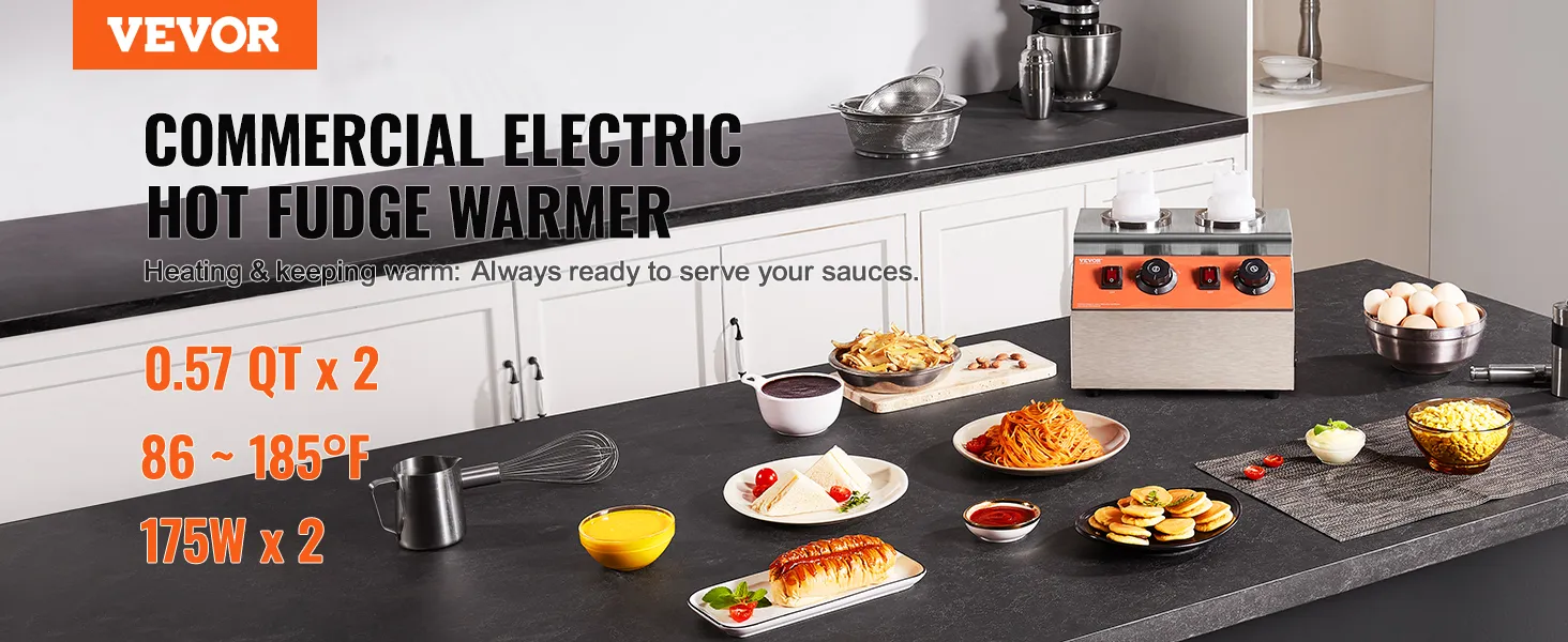VEVOR electric bottle warmer on kitchen counter with various food dishes and appliance specs.