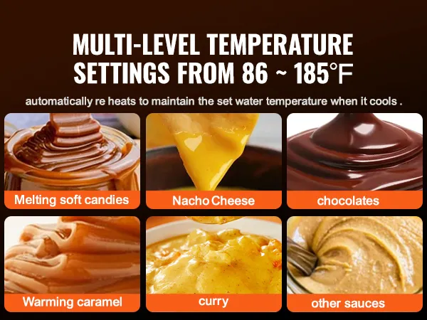 multi-level temperature settings for VEVOR electric bottle warmer, melting candies, nacho cheese, chocolates.