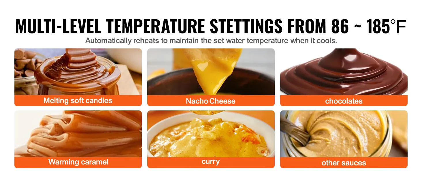 multi-level temperature settings for VEVOR electric bottle warmer, melting candies, nacho cheese, chocolates.