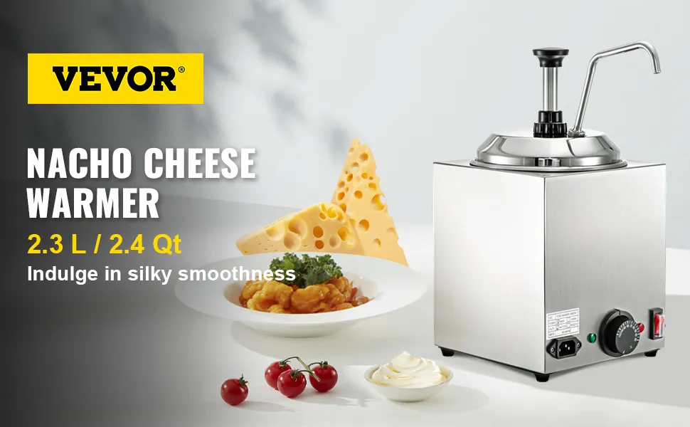 VEVOR cheese dispenser with nachos, tomatoes, and cheese slices in the background.
