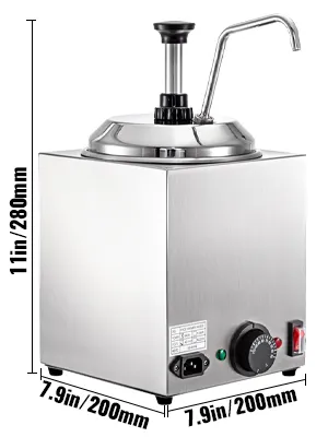 stainless steel VEVOR cheese dispenser with pump and measurements in inches.