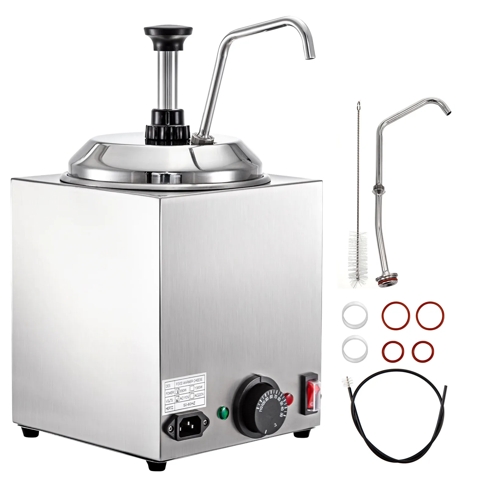 VEVOR cheese dispenser with accessories including extra nozzle, o-rings, brush, and cable.