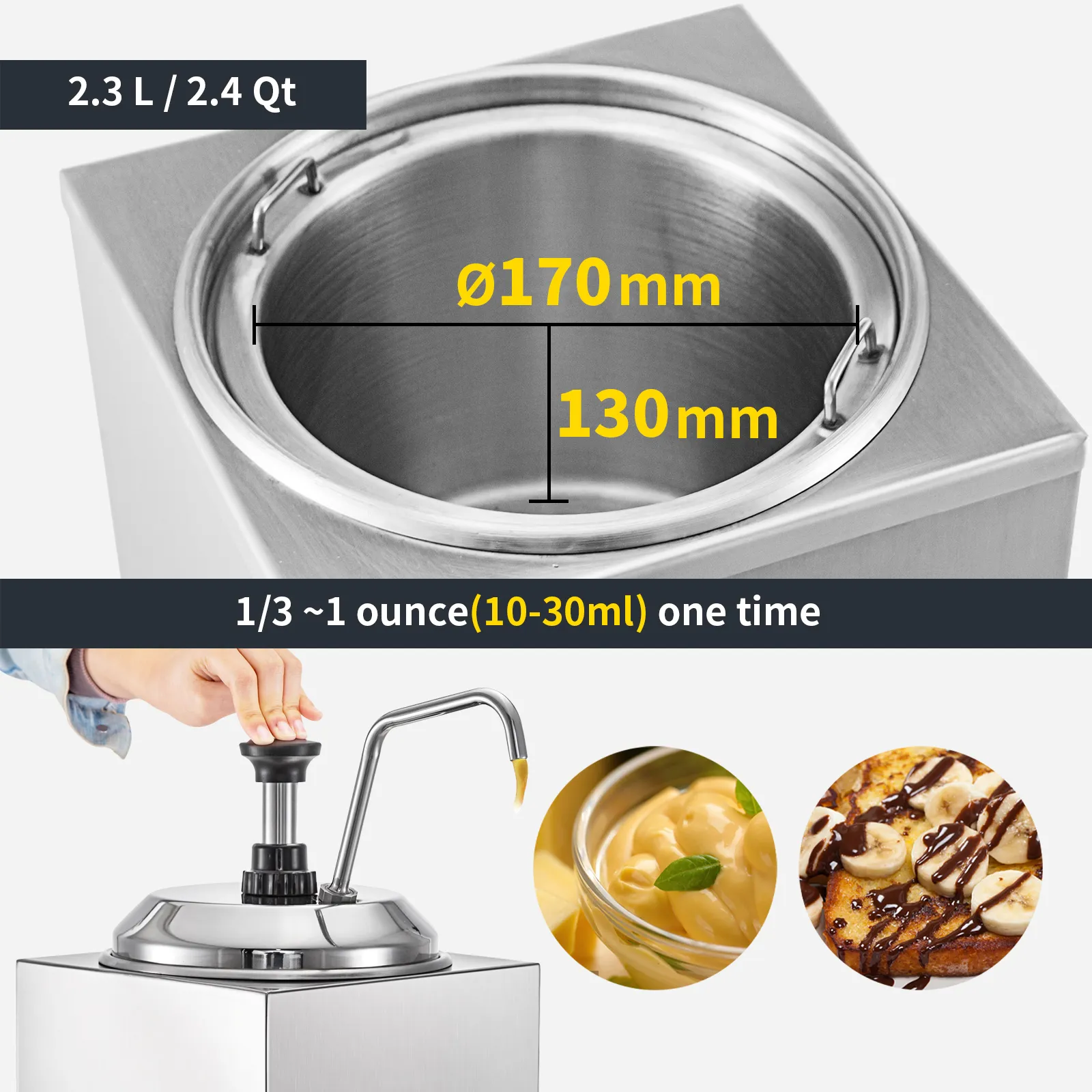 VEVOR cheese dispenser with 2.3l capacity, dispensing 10-30ml per portion, silver body.