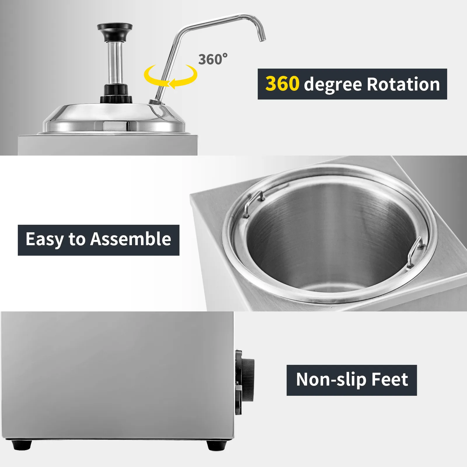 VEVOR cheese dispenser showcasing 360-degree rotation, easy assembly, and non-slip feet.