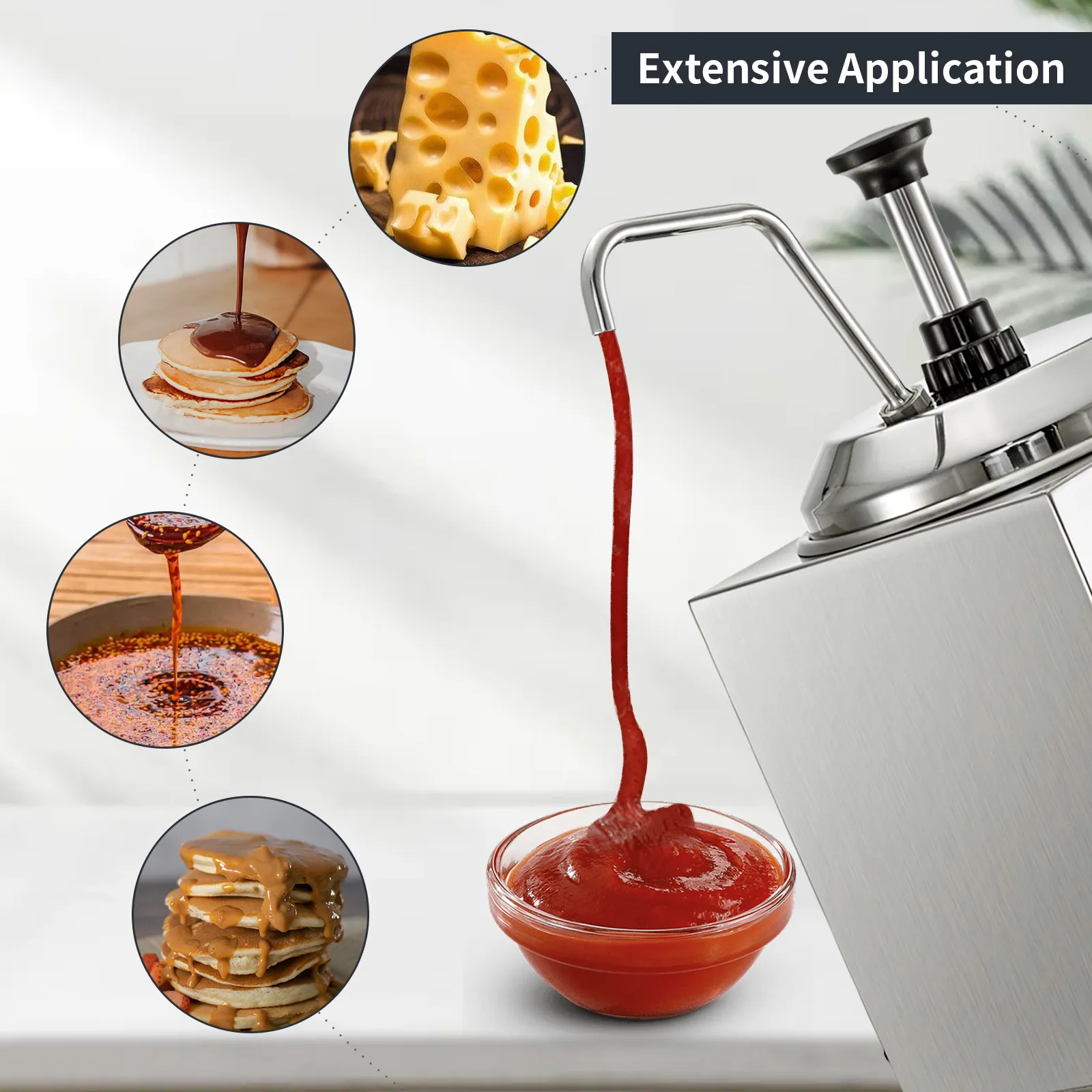 VEVOR cheese dispenser pouring sauce with images of cheese, pancakes, and syrup nearby.