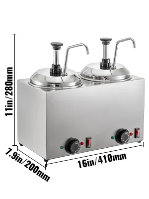 Dispensador de queso VEVOR de acero inoxidable con boquillas dobles y etiquetas de dimensiones.