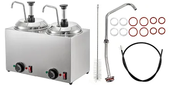 Dispensador de queso VEVOR con bombas dobles, boquillas adicionales, sellos y accesorios de limpieza.