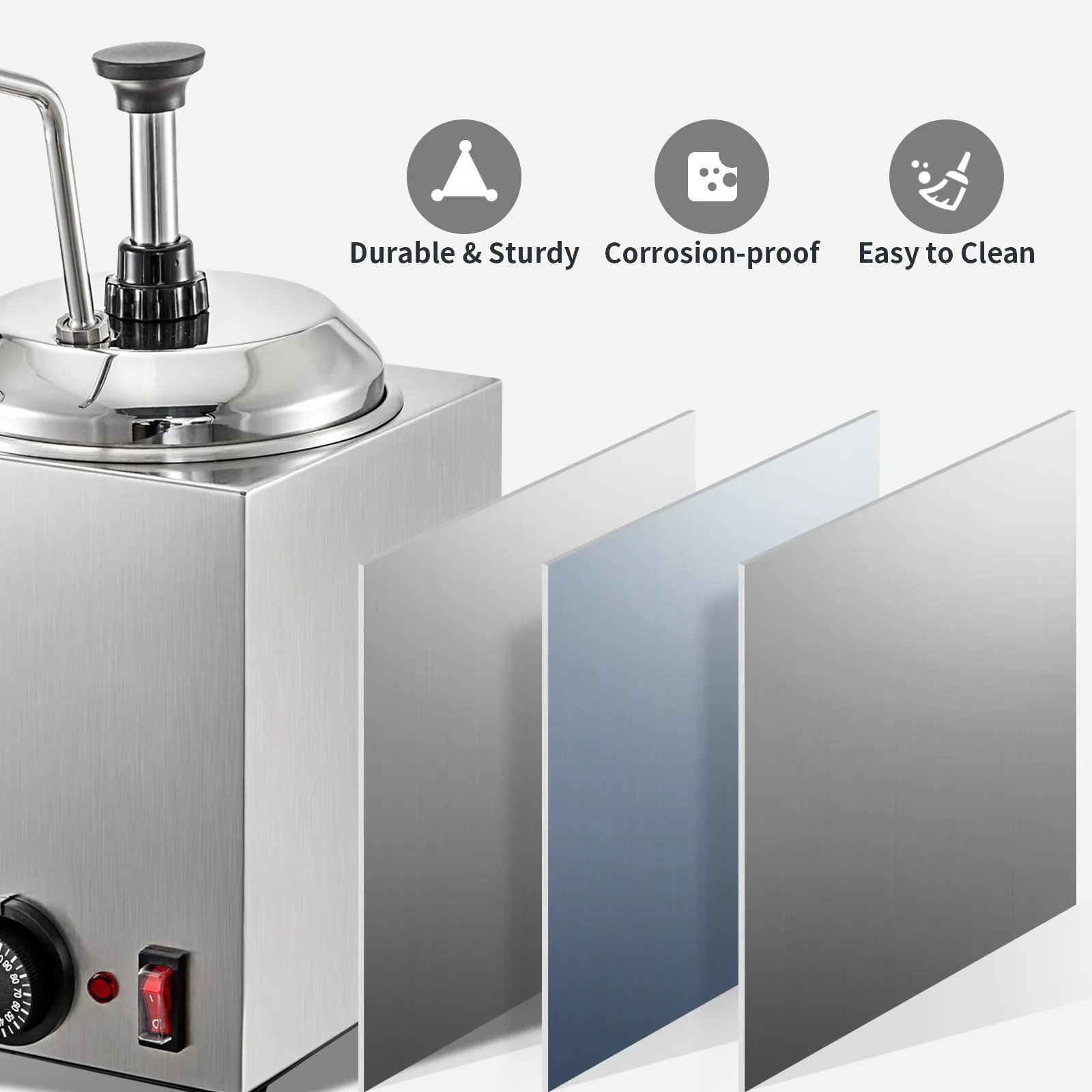 Dispensador de queso VEVOR: cuerpo de acero inoxidable, duradero, a prueba de corrosión, fácil de limpiar.