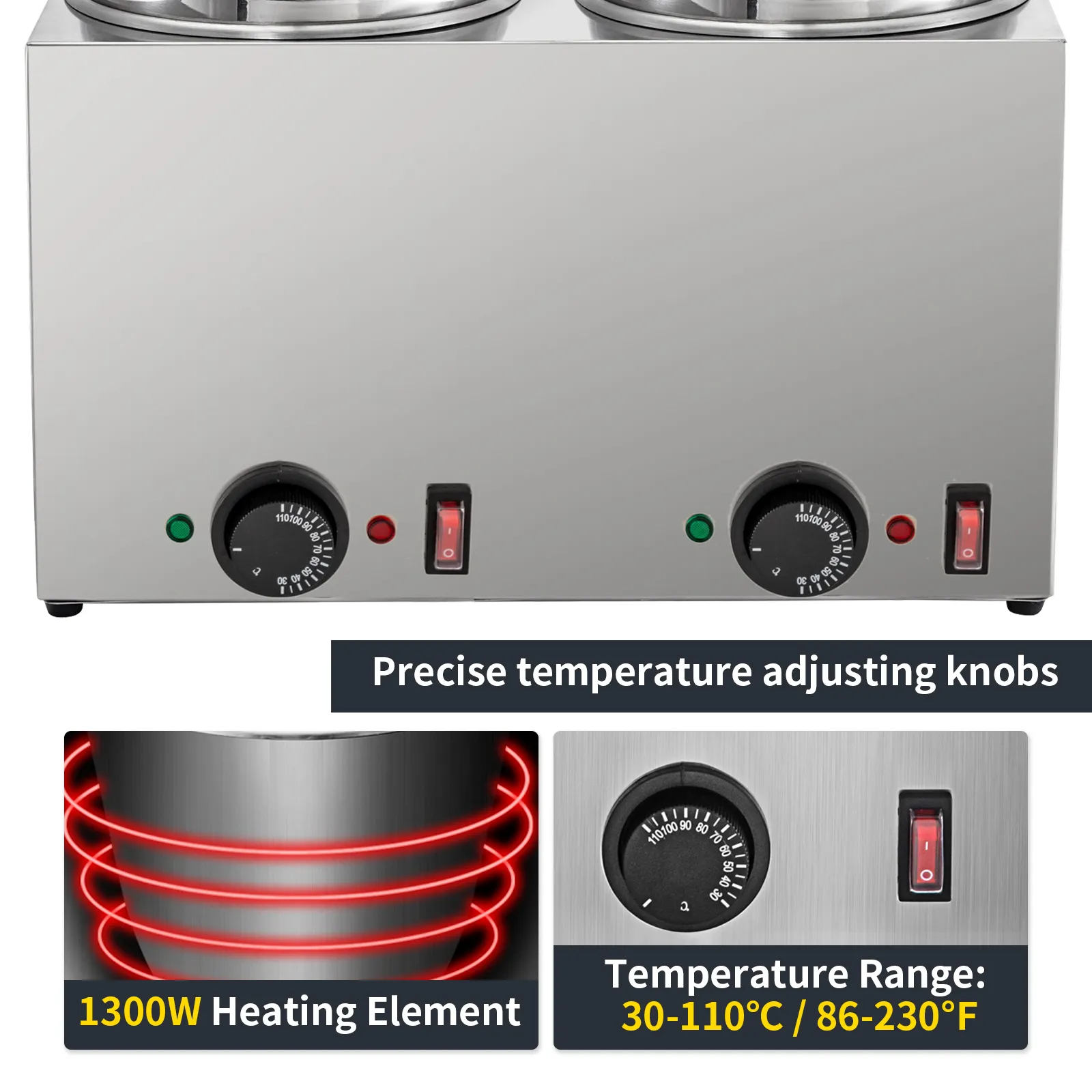 Dispensador de queso VEVOR con perillas de ajuste de temperatura y elemento calefactor de 1300w.