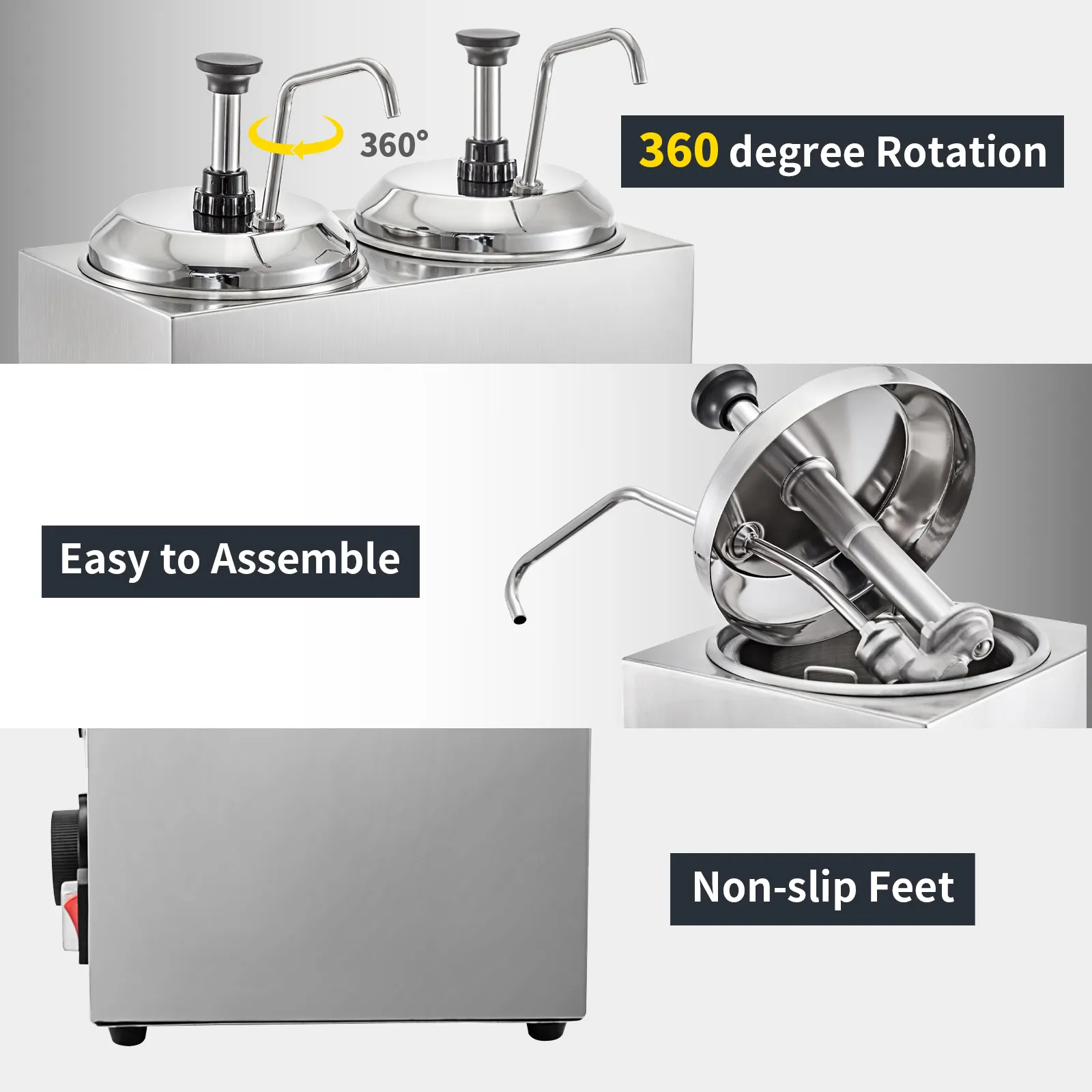 Dispensador de queso VEVOR con rotación de 360 grados, fácil montaje y patas antideslizantes.