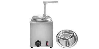 Calentador de salsa de chocolate caliente VEVOR con bandeja de acero inoxidable de tres secciones y bomba dispensadora.