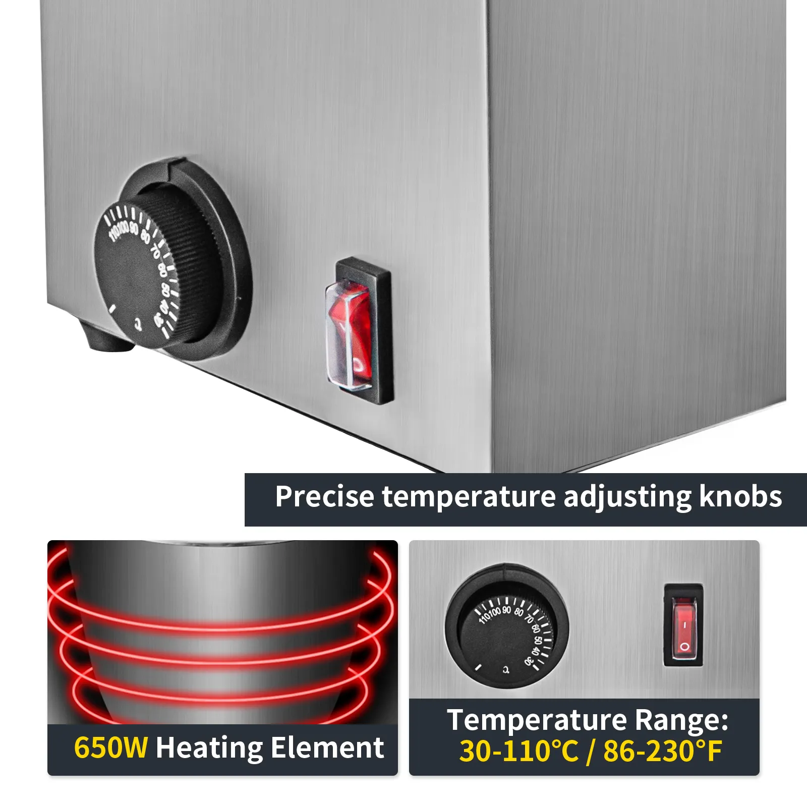 Calentador de salsa de chocolate caliente VEVOR con perillas de control de temperatura precisas y elemento calefactor de 650 W.