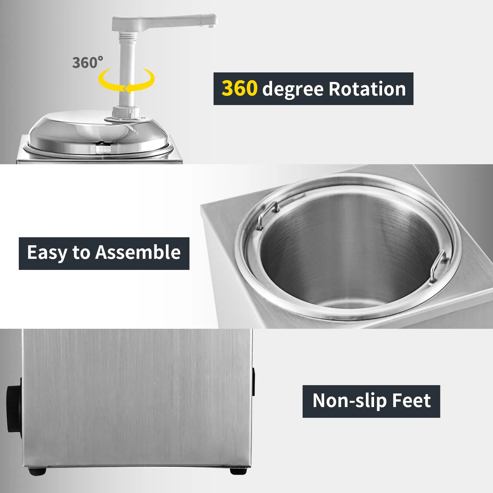 El calentador de salsa de chocolate caliente VEVOR presenta una rotación de 360°, fácil montaje y patas antideslizantes.