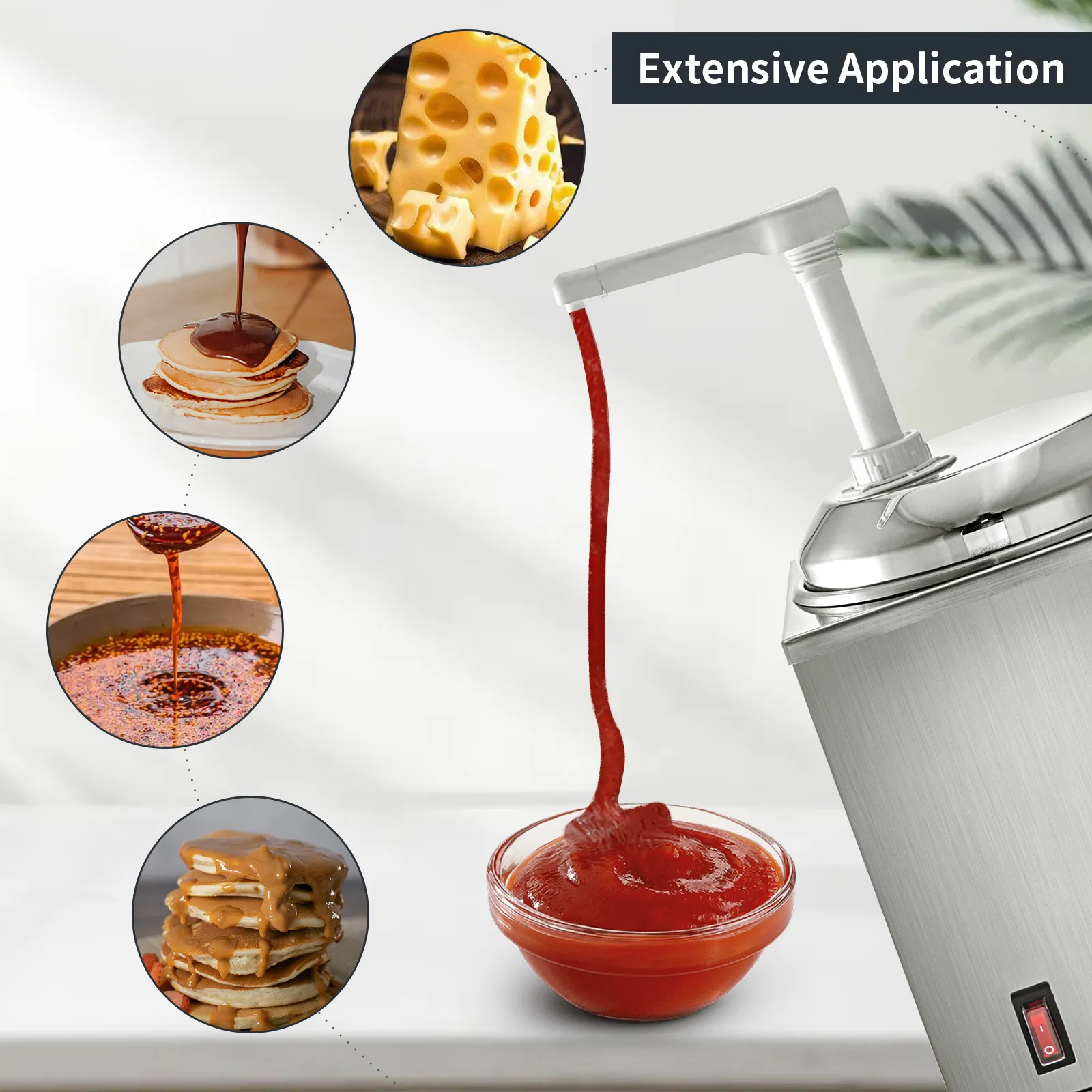 Calentador de salsa de chocolate caliente VEVOR que se dispensa en un recipiente con amplias imágenes de aplicaciones.