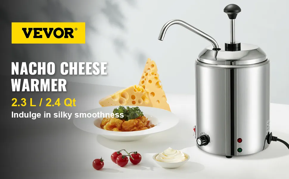 Dispensador de queso VEVOR junto a un plato de queso nacho, una cuña de queso y tomates cherry.