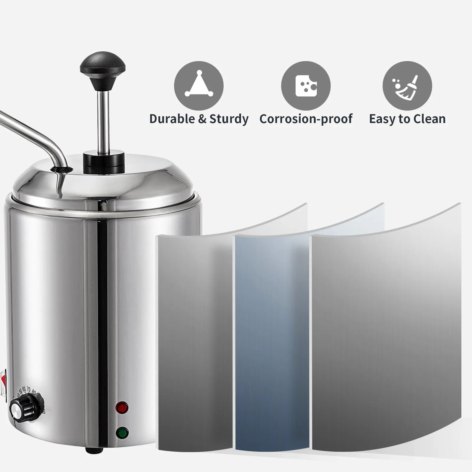 Dispensador de queso VEVOR con características duraderas, a prueba de corrosión y fácil de limpiar.