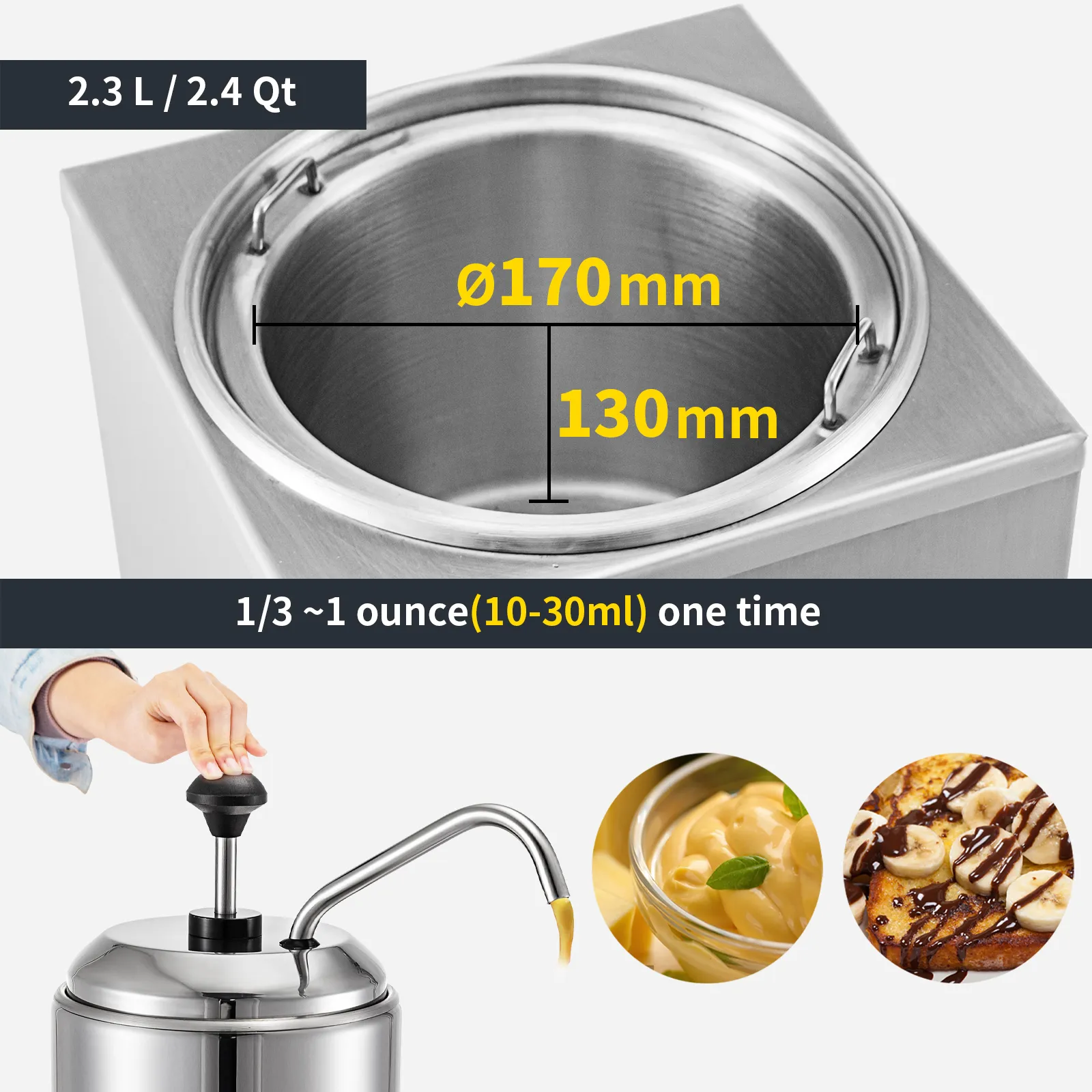 Dispensador de queso VEVOR con capacidad de 2,3 l, dispensando entre 10 y 30 ml por uso.