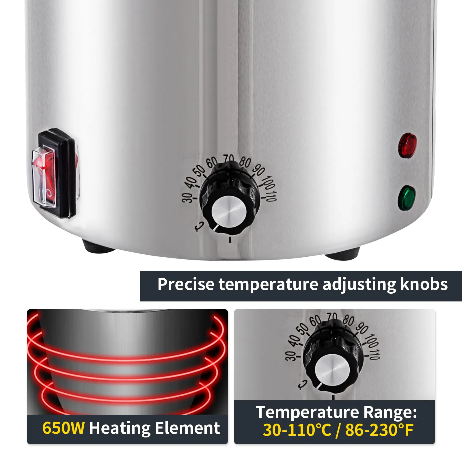 Dispensador de queso VEVOR con perillas de temperatura precisas, elemento calefactor de 650 W y rango de 30 a 110 °C.