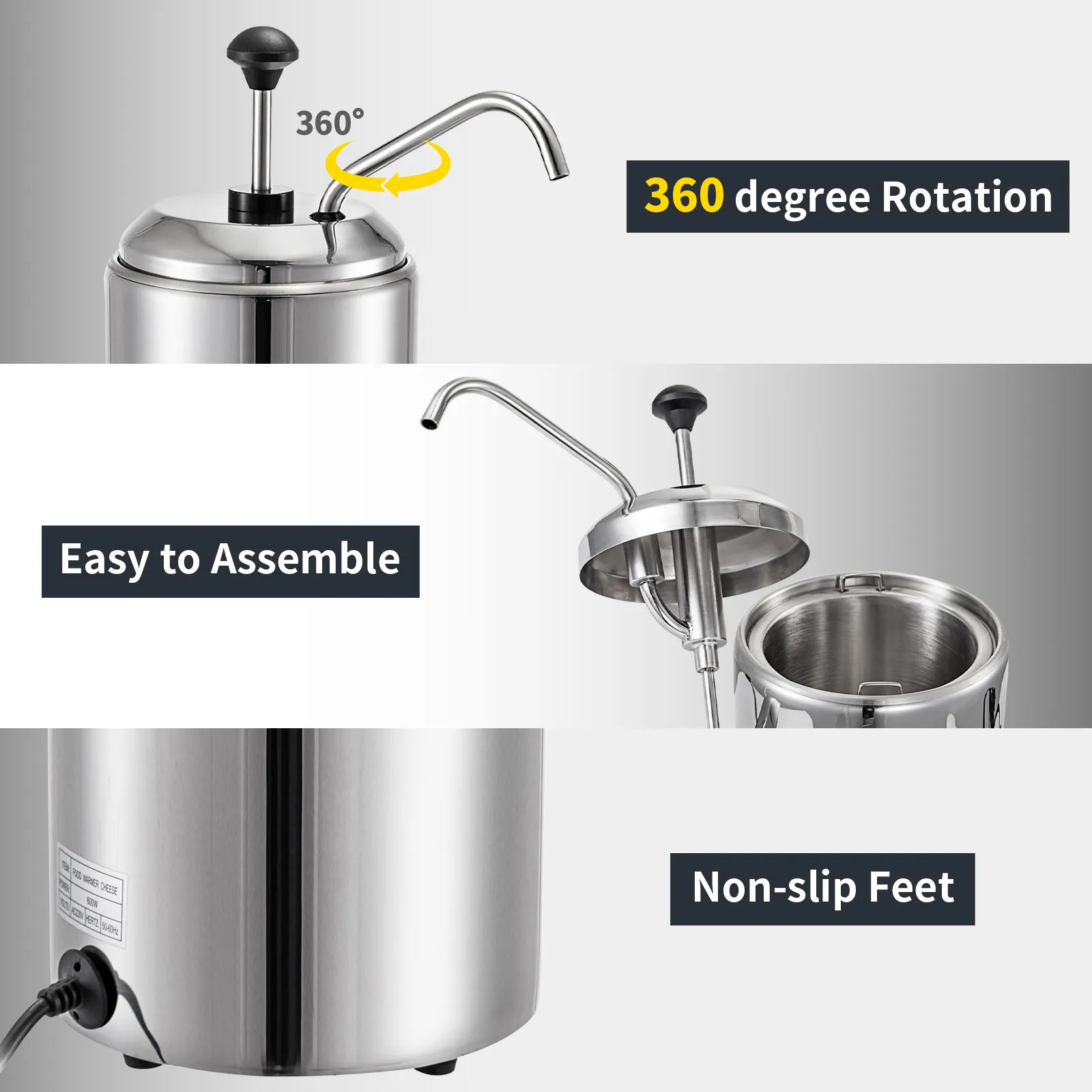 Dispensador de queso VEVOR con rotación de 360 grados, fácil montaje y patas antideslizantes.