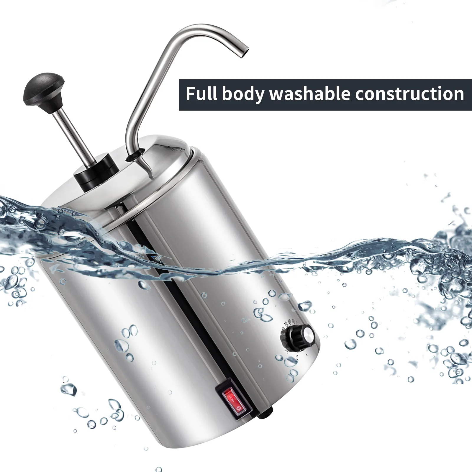 Dispensador de queso VEVOR con cuerpo de acero inoxidable lavable y perilla de control.