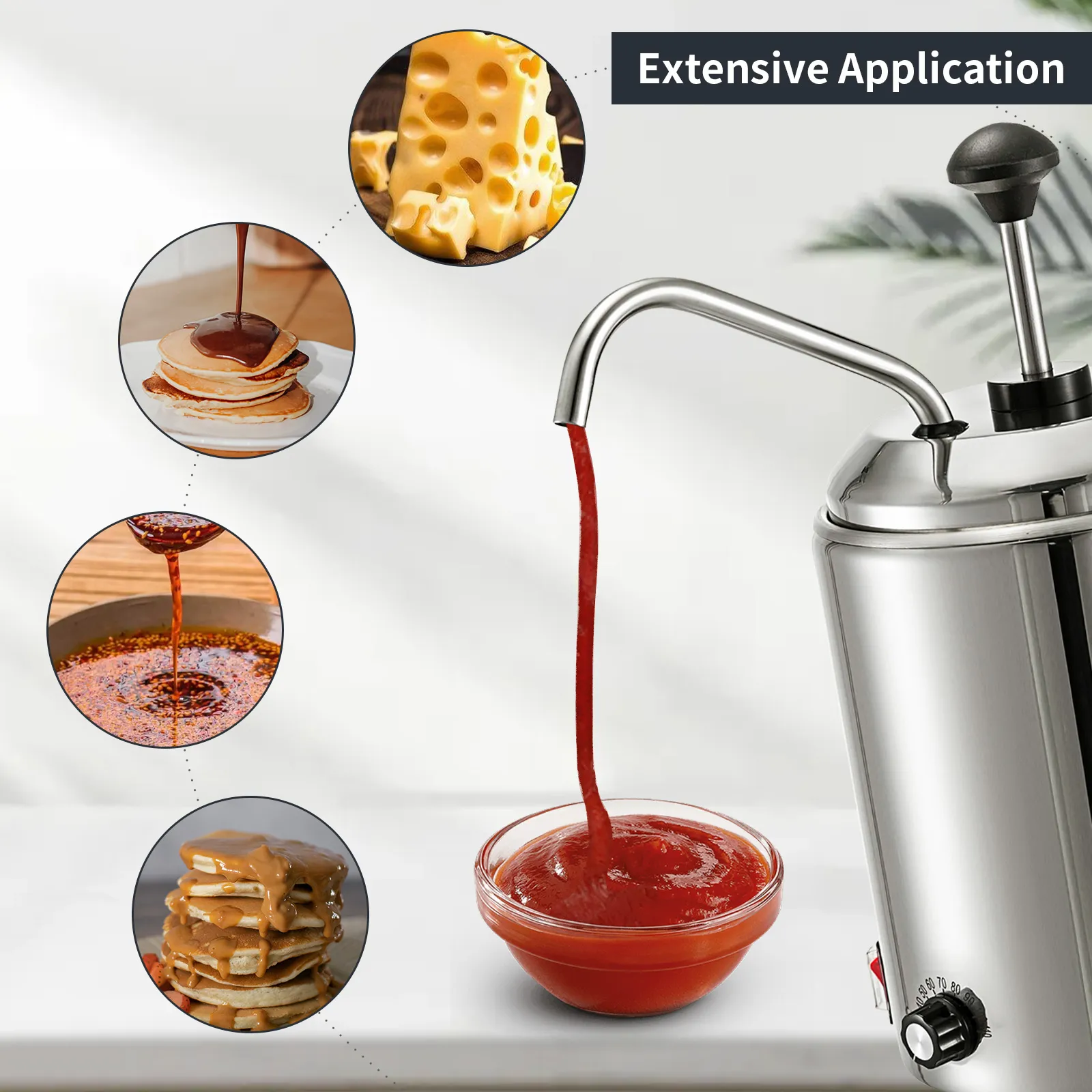 Dispensador de queso VEVOR para verter salsa con aplicaciones para queso, panqueques y condimentos.