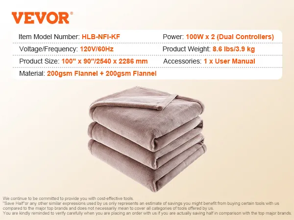 VEVOR heated blanket electric throw, 100x90 inches, dual controllers, 200gsm flannel, 8.6 lbs.