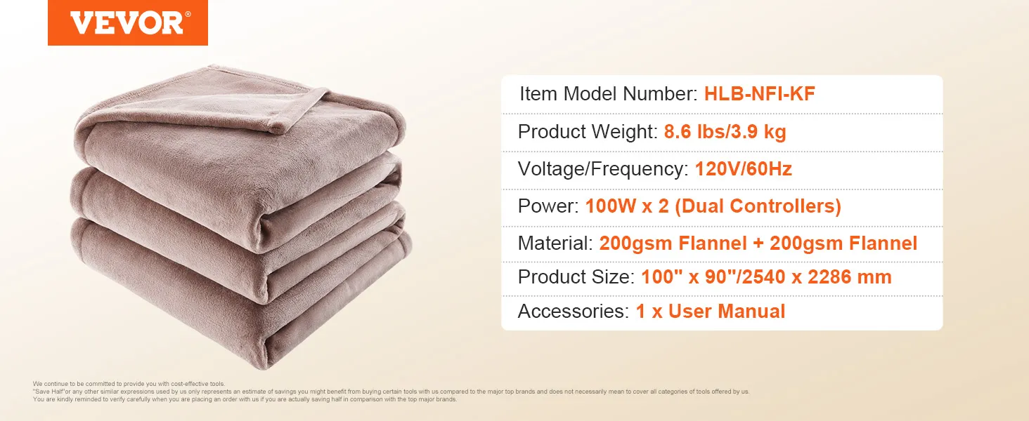 VEVOR heated blanket electric throw, 100x90 inches, dual controllers, 200gsm flannel, 8.6 lbs.