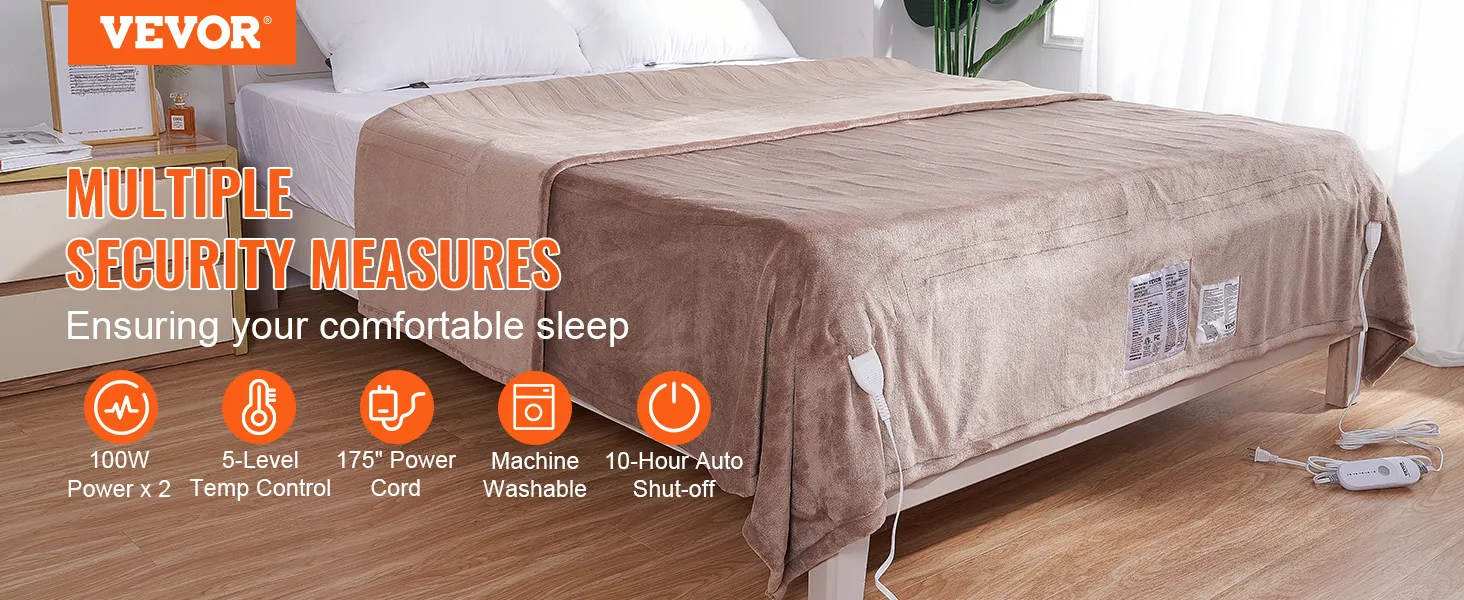 VEVOR heated blanket electric throw on a bed, highlighting 100w power, 5-level temp control, and machine washable.