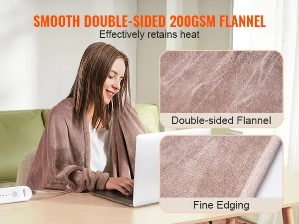 VEVOR heated blanket electric throw, double-sided 200gsm flannel, fine edging, effectively retains heat.