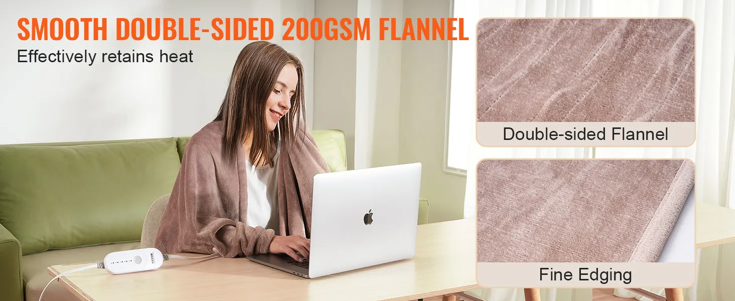 VEVOR heated blanket electric throw, double-sided 200gsm flannel, fine edging, effectively retains heat.