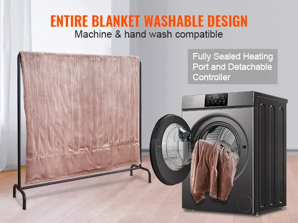 VEVOR heated blanket electric throw, machine washable with detachable controller, draped on a stand.