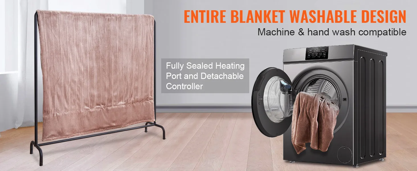 VEVOR heated blanket electric throw, machine washable with detachable controller, draped on a stand.