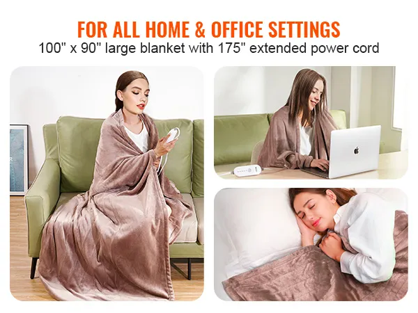 VEVOR heated blanket electric throw for home and office settings, measuring 100" x 90" with 175" cord.